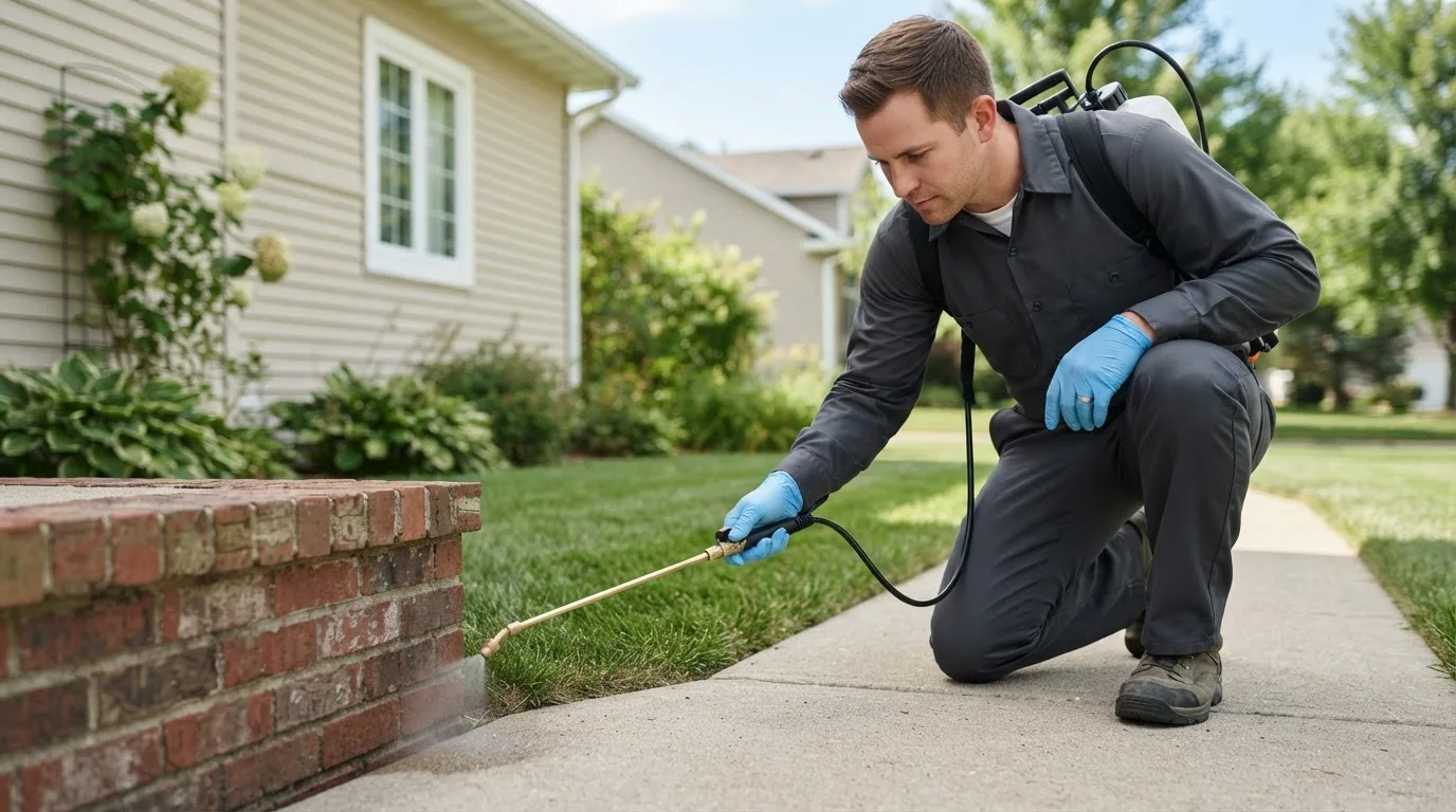 Pest control technician treating a home near Somers, IA