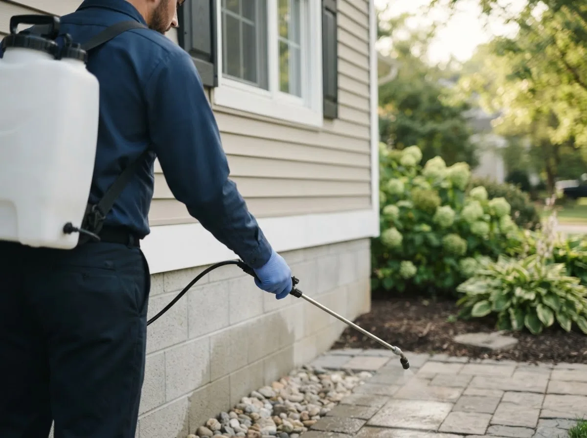 Pest control technician inspecting a home in Somers, IA